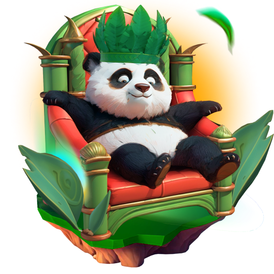 Spin Panda mascotte op een bamboe troon